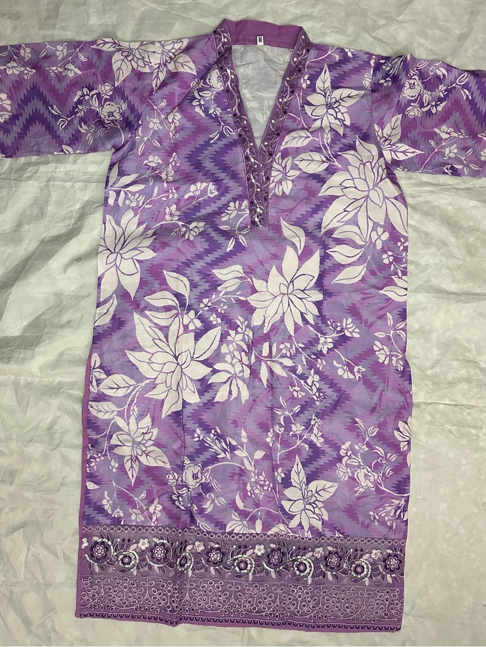Purple Floral Pakistani 3-Piece Suit Kurta Trouser Dupatta Size M